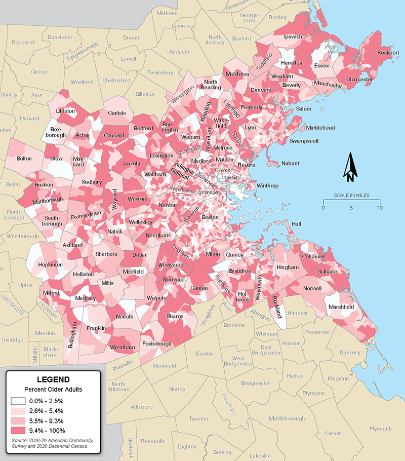 Figure 6 is a map that shows the percent of the population that are over the age of 74 in Boston region communities.